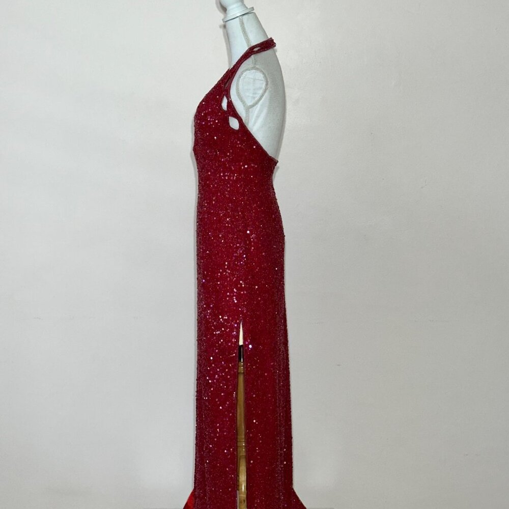 Scala Red Beaded And Sequin Halter Gown Size M - image 3